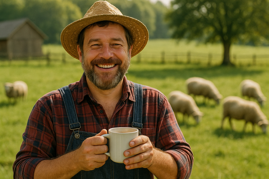 farmer smiling, sheep in background... drinkng coffee