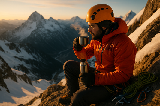 mountain climber drink coffee from thurmos 