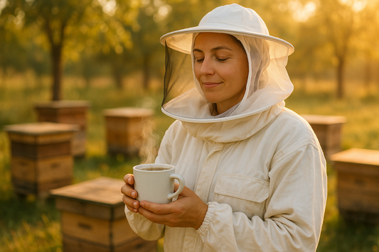 woman beekeeper with hair totaly coverd, with cup of coffee